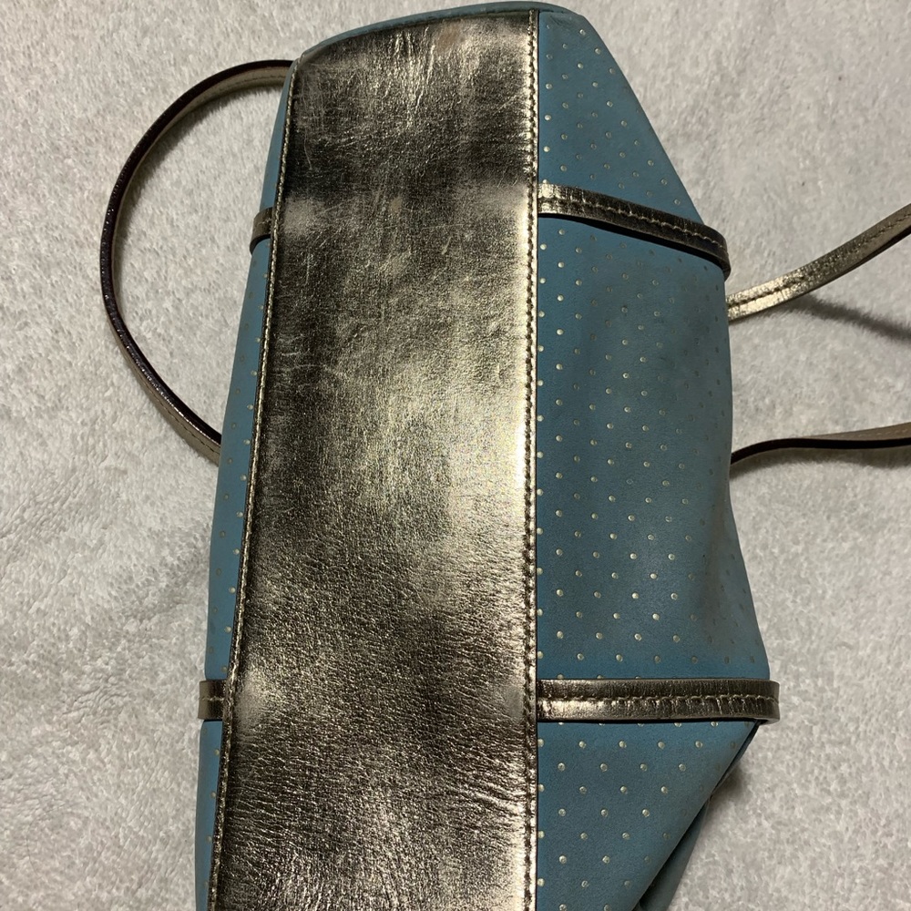 Kate Spade Purse, small, light blue suede type fabric w/ metallic dots and trim - Picture 3 of 6